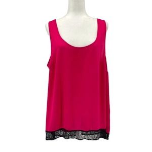 Torrid Fuchsia Sheer Sleeveless Scoop Neck Blouse Slit Back & Black Lace Trim